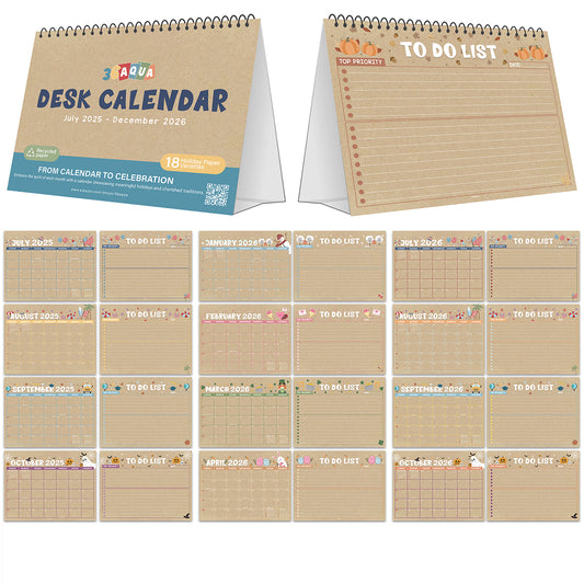 Desk Calendar 2025-2026, 18 - Month Planner January 2025 to June 2026, Calendar, Kraft Thick Paper, Ideal for Home, Office or School