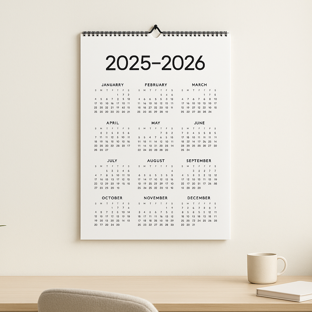 A stylish 2025-2026 wall calendar with a modern design