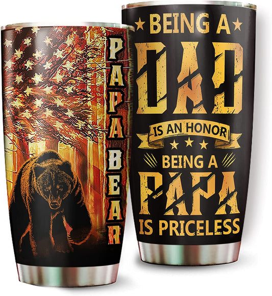 Papa Bear Tumbler - Great Fathers Day Gift - Best Dad Stainless Steel Coffee Tumbler 20oz For New/Step/Bonus Dad - Birthday, Christmas, Fathers Day Gift Ideas From Daughter Or Son Novelty Cups